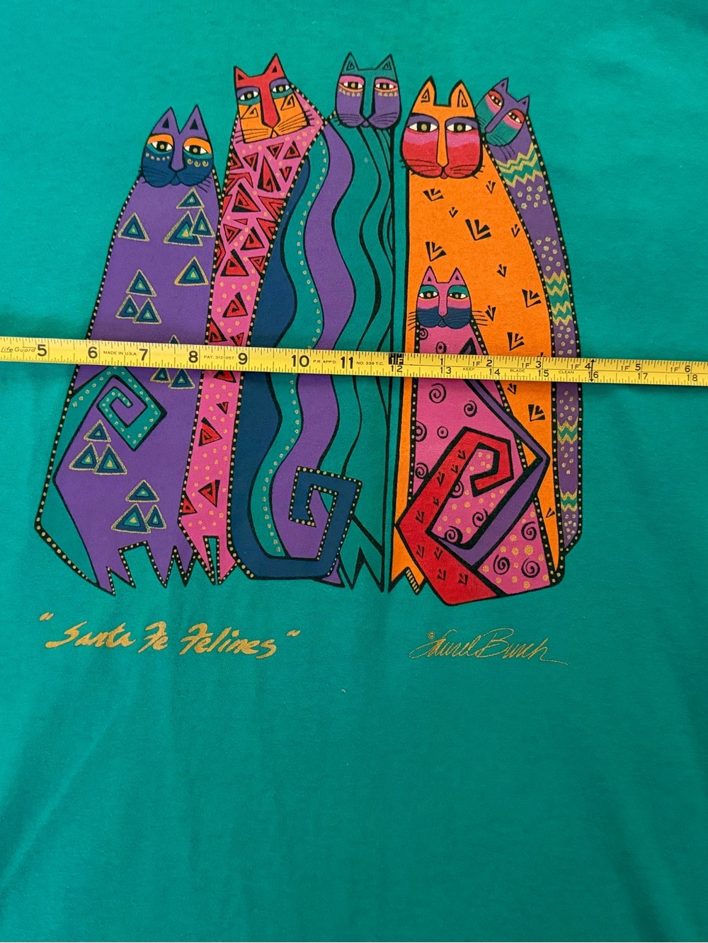 VTG Laurel Burch Santa Fe Feline Cats T-shirt Size L Teal Single Stitch Pristine - Picture 8 of 8